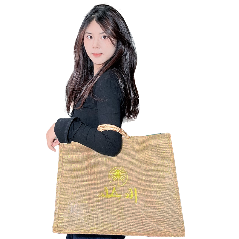 Large size bamboo handbag linen tote bag