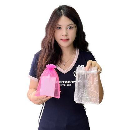 Pink and white organza drawstring bag