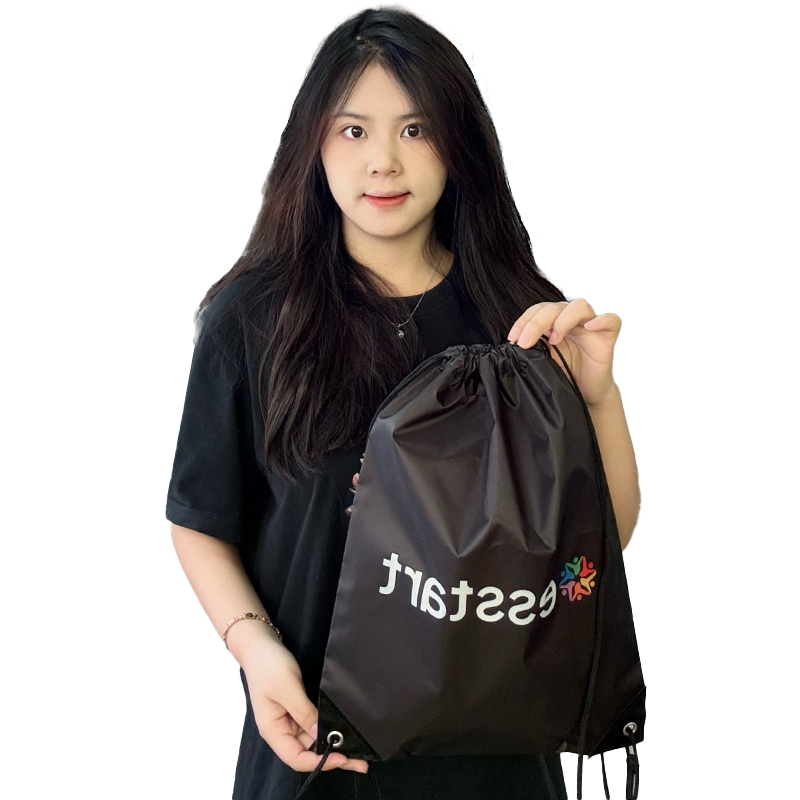 Black polyester drawstring backpack bag