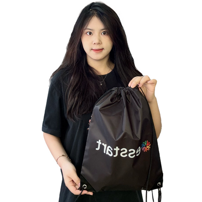 Black polyester drawstring backpack bag