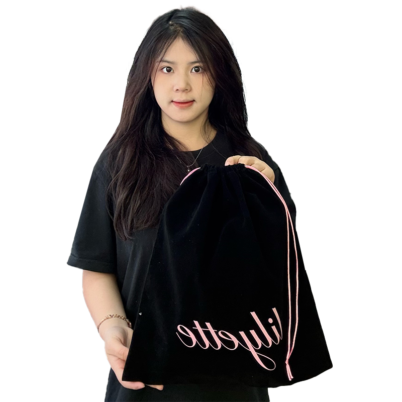 Black flannel drawstring bag