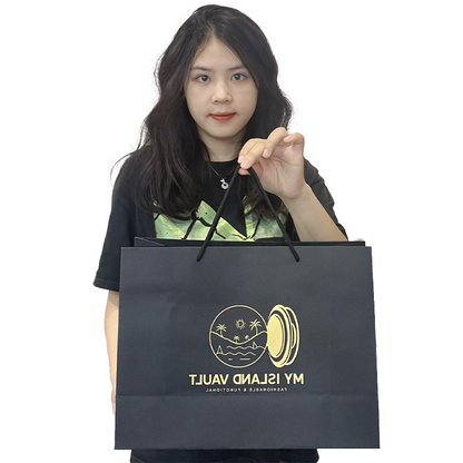 Black kraft paper tote bag with gold print