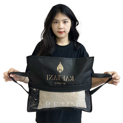 Black non-woven packaging bag with middle zipper and transparent skylight design at the bottom