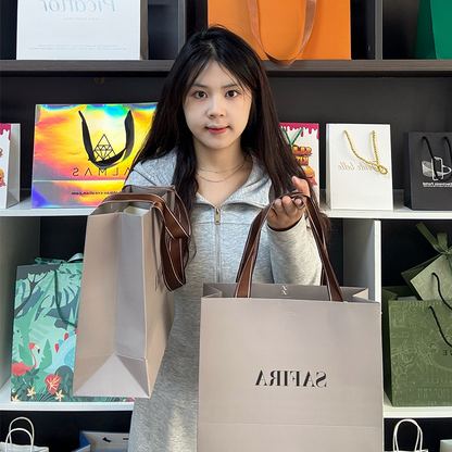Gray paper bag with drawstring