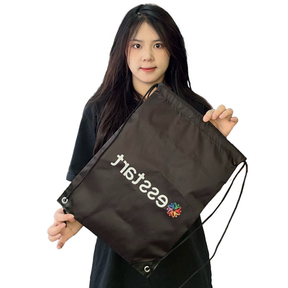Black polyester drawstring backpack bag