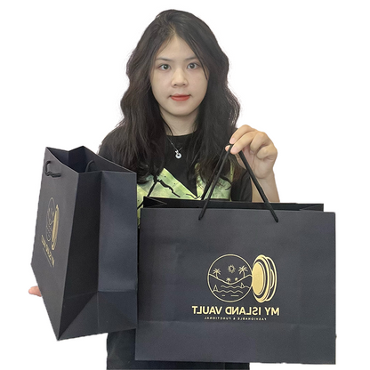 Black kraft paper tote bag with gold print